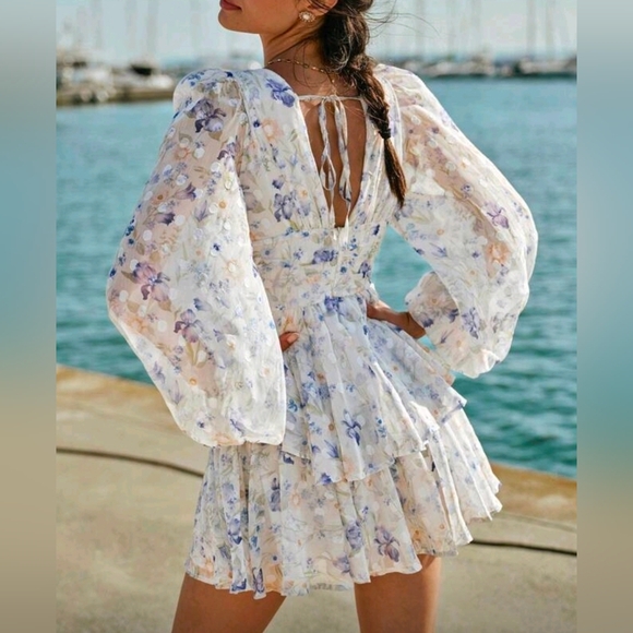 New Flowy Floral Dot Bishop Sleeve Tiered Mini Ruffle Dress White Blue Purple - Picture 2 of 10